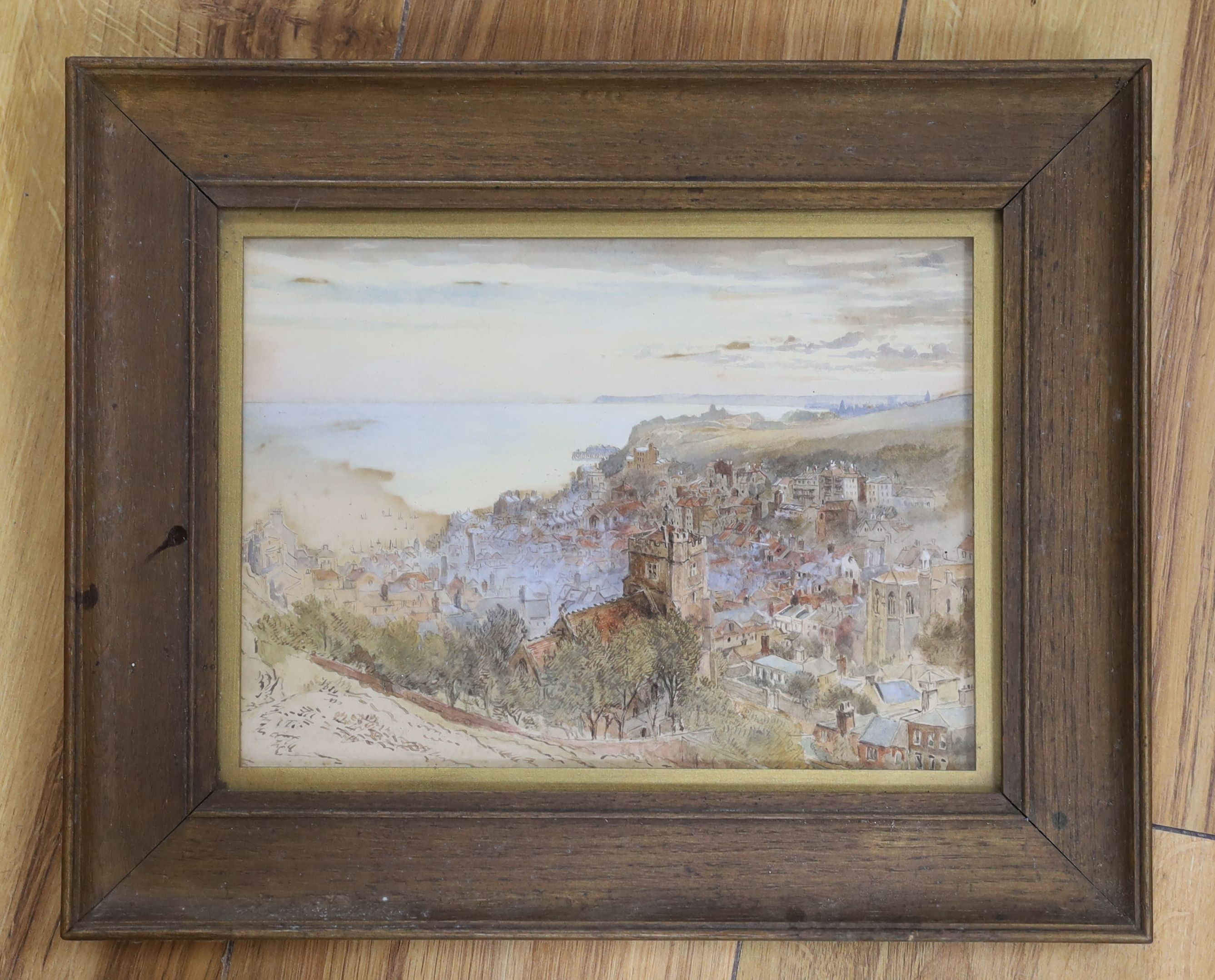 Arthur Meyrick (fl.1903-1914), watercolour, Hastings Town, 1911 Exhibition label verso, 16.5 x 23cm